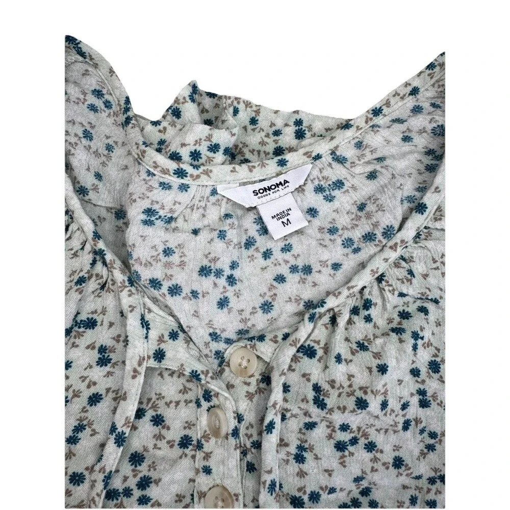 Sonoma Goods Blouse Size M Blue Floral Rayon Shirred Y-neck Balloon Sleeve NWT